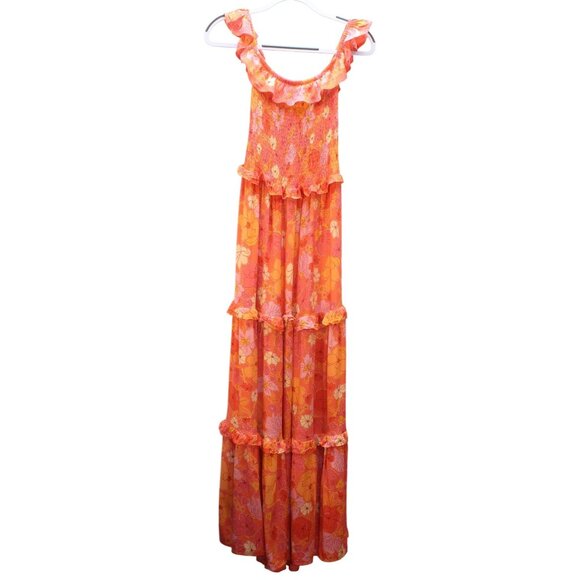 Abel The Label M Floral Ruffled Tiered Maxi Dress Boho Flower Power Orange Pink - Picture 2 of 7